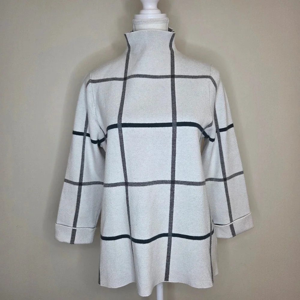 Tahari‎ Womens XL Gray Black Windowpane Plaid Mock Neck 3/4 Sleeve Knit Sweater